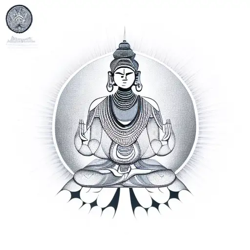 A serene meditating figure with African tribal patterns as the background tattoo design idea