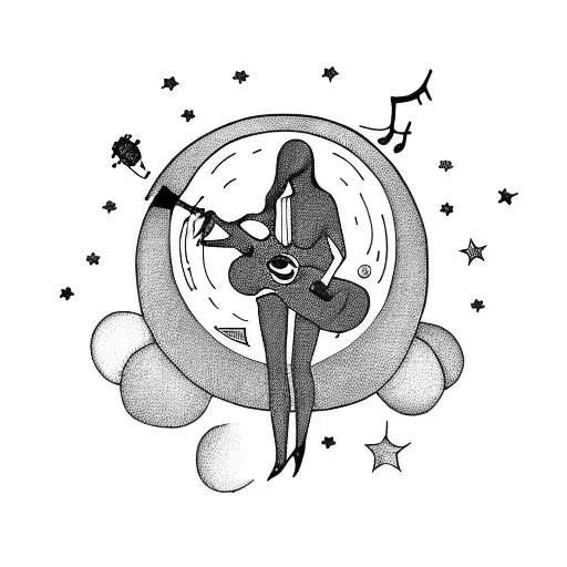 moon guitar and a microphone with the silhouette of. girl tattoo design idea