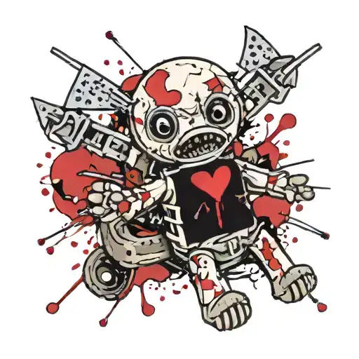 a crying voodoo doll pulling a pin out of it's open chest cavity with an exposed red heart tattoo design idea