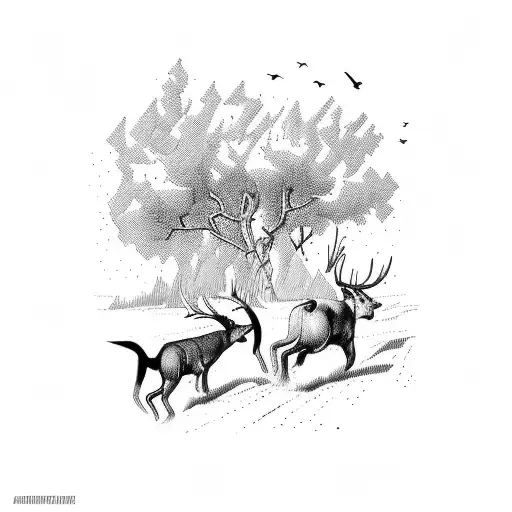 A hunting scene in the Swedish wilderness, capturing the thrill of the chase tattoo design idea