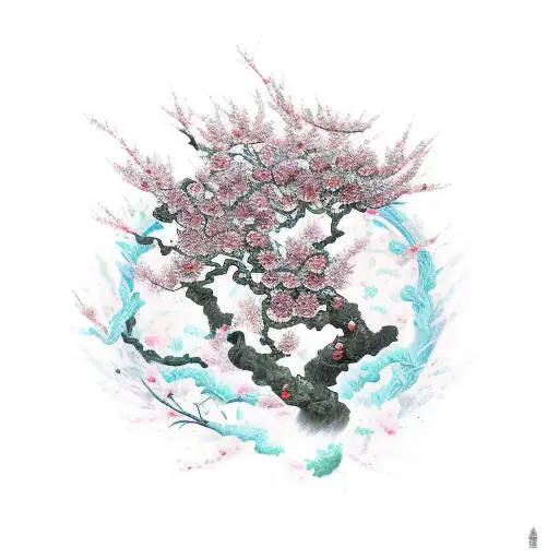 masculine cherry blossom tree with petals falling off tattoo design idea
