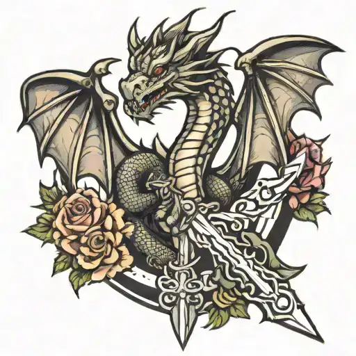 dragon open wings sword tattoo design idea
