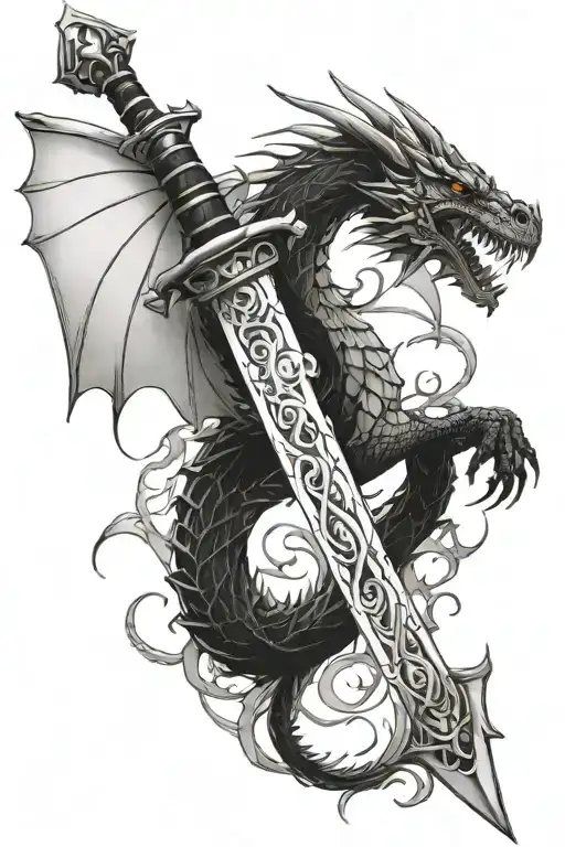 dragon open wings sword tattoo design idea