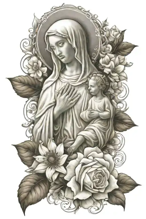 god and Virgin Mary and flowers  tattoo design idea