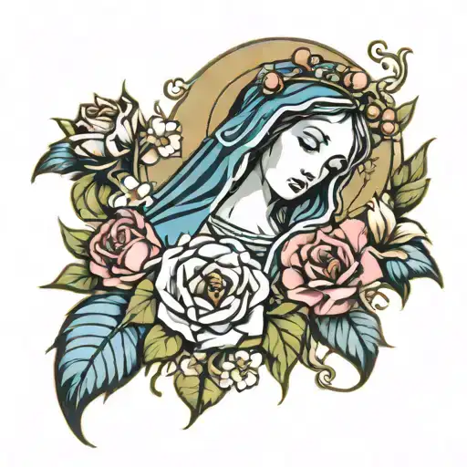 god, Virgin Mary and flowers  tattoo design idea