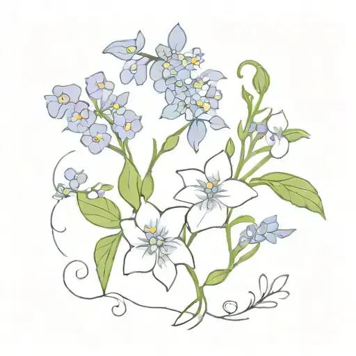 a small bouquet with violet, larkspur and forget me not  tattoo design idea