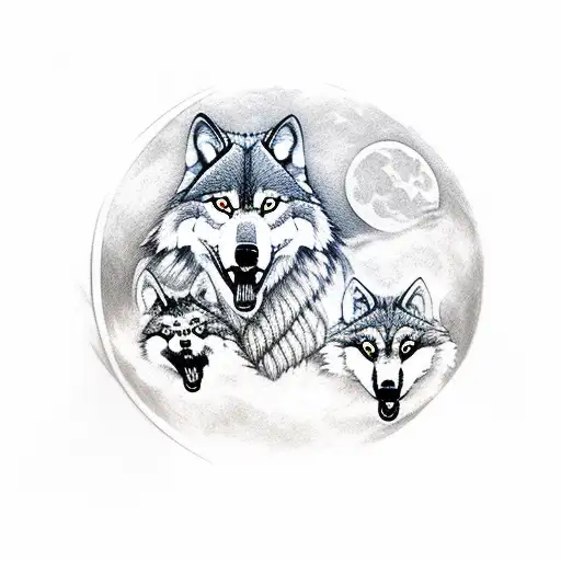Male wolf howling at the moon with 3 wolf cubs howling as well. Scenery to include a forest with pine trees and a lake. tattoo design idea