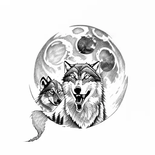 Male wolf howling at the moon with 3 wolf cubs howling as well. Scenery to include a forest with pine trees and a lake. tattoo design idea