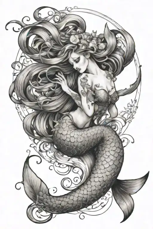 I want to create a mermaid tatoo having the attached face and a soft body posture having around 2 cats with mermaid tail tattoo design idea