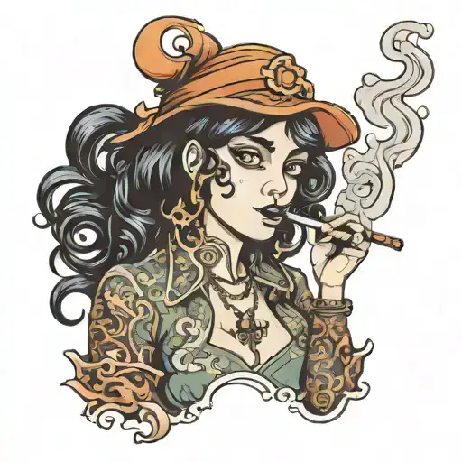 ghostwriter Girl with clipses eyes smoking a pipe and Black hair tattoo design idea
