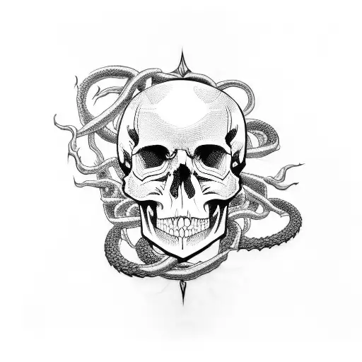 A grunge-inspired tattoo featuring a skull surrounded by snakes tattoo design idea