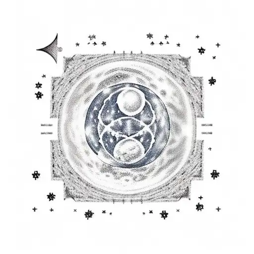 full moon in a square with stars around it. with the date 24/02/2024 in morse code tattoo design idea