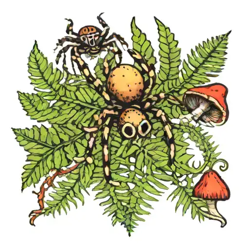 fern leaf, jumping spider, mushrooms, tattoo design idea