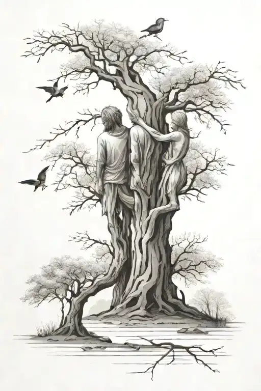 willow tree, robin, two people going up to heaven  tattoo design idea