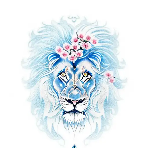 Lion with blue eyes and cherry blossom tattoo design idea