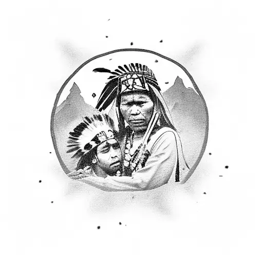 native American holding Palestinian in the middle of battlefield tattoo design idea