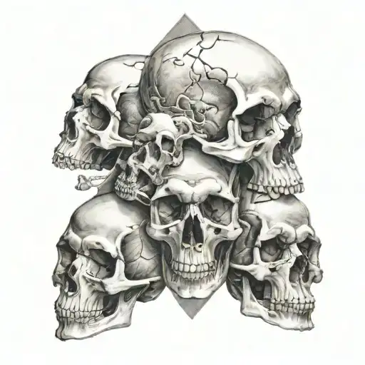 triangular pile of five skulls tattoo design idea