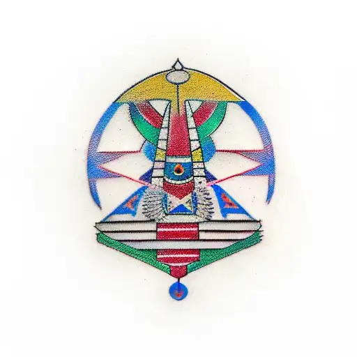 egyptian ankh while the top is an greek omega in red color and the bottom is the letter "T" stylized in black color tattoo design idea