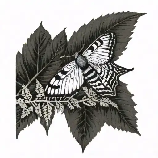 A detailed blackwork tattoo of a moth resting on a fern leaf, symbolizing the client's love for nature and insects tattoo design idea