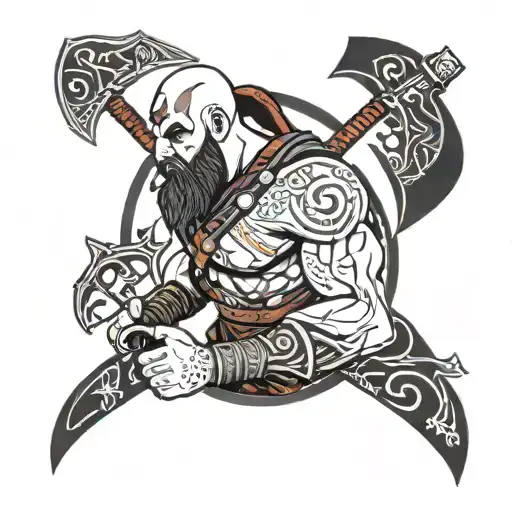 A minimalist design of Kratos from God of War wielding his axe, surrounded by Nordic runes and Greek patterns tattoo design idea