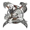 A minimalist design of Kratos from God of War wielding his axe, surrounded by Nordic runes and Greek patterns tattoo design idea