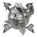 A minimalist design of Kratos from God of War wielding his axe, surrounded by Nordic runes and Greek patterns tattoo design idea