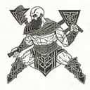 A minimalist design of Kratos from God of War wielding his axe, surrounded by Nordic runes and Greek patterns tattoo design idea