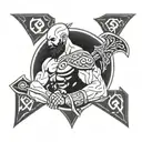 A minimalist design of Kratos from God of War wielding his axe, surrounded by Nordic runes and Greek patterns tattoo design idea