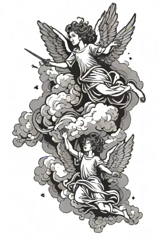 two falling angel with clouds in the background tattoo design idea