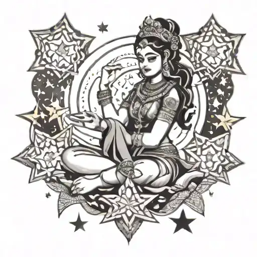 lakshmi sitting with stars behind her david stars in 4 stars theres a M a M a K a P   tattoo design idea