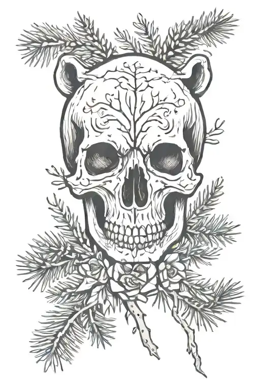 Bear skull surrounded by pine trees and leaves growing tattoo design idea