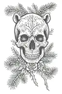 Bear skull surrounded by pine trees and leaves growing tattoo design idea