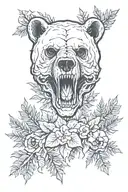 Bear skull surrounded by pine trees and leaves growing tattoo design idea