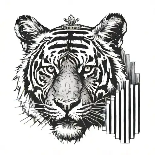A tiger wearing a crown made of film strips, holding a book in its paw tattoo design idea