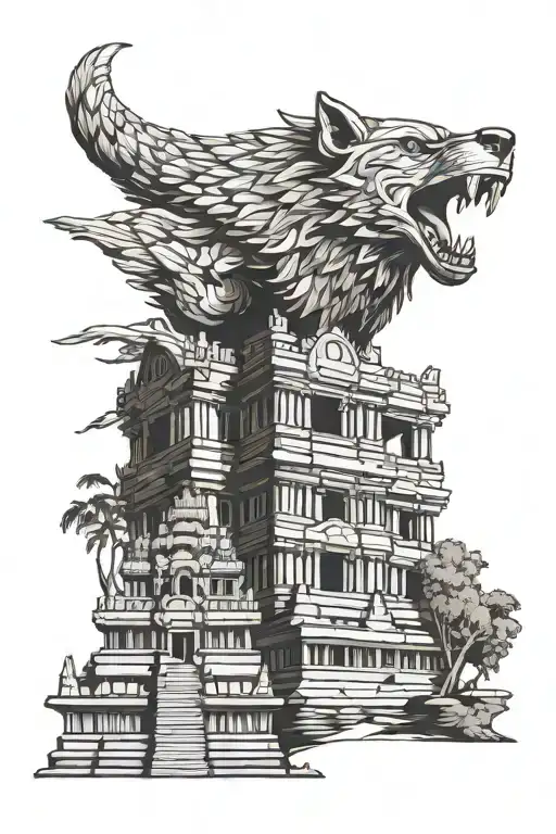 wolf and hawk infront of angkor wat temple The temple tattoo design idea