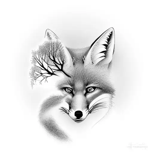 A sniper silhouette hidden among the branches of a mystical fox-shaped tree tattoo design idea