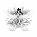 A psychedelic anime scene with characters dancing in a trance-like state to techno music tattoo design idea