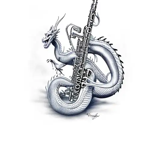 Dragon playing clarinet tattoo design idea