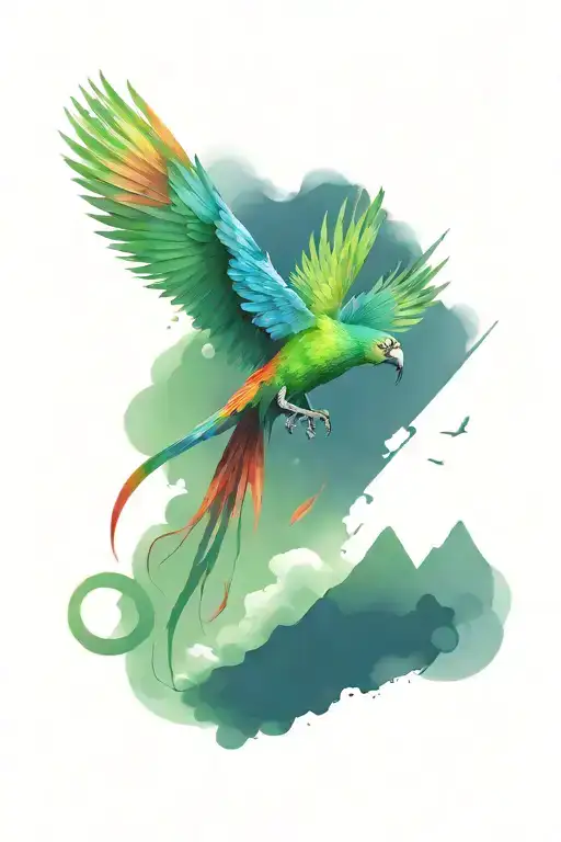 in the center a Quetzal flying over the erupting Fuego volcano with its colorful feathers majestically displayed tattoo design idea