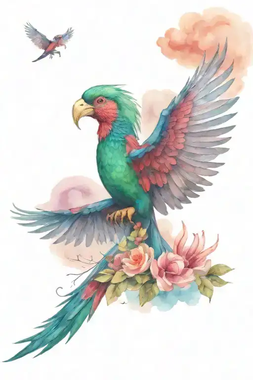 Flying Quetzal over volcano fuego Guatemala, fume, clouds and on the side a Torrogoz, flowers and trees from jungle  tattoo design idea