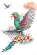 Flying Quetzal over volcano fuego Guatemala, fume, clouds and on the side a Torrogoz, flowers and trees from jungle  tattoo design idea