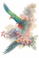Flying Quetzal over volcano fuego Guatemala, fume, clouds and on the side a Torrogoz, flowers and trees from jungle  tattoo design idea
