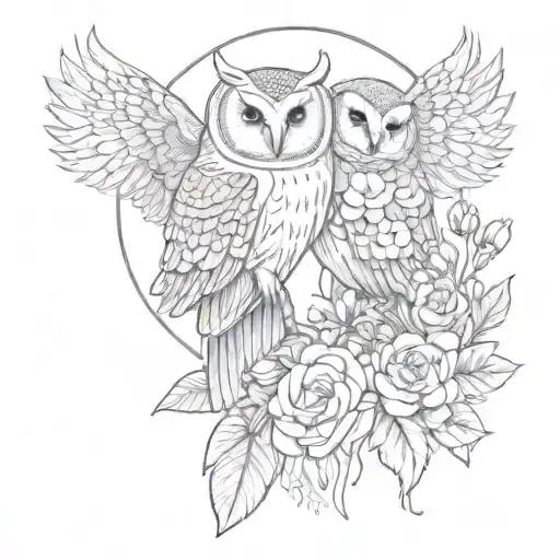 An Intricate Tattoo Of A barn owl and great horned owl Surrounded By Blooming Flowers,  tattoo design idea
