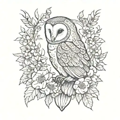 An Intricate Tattoo Of A barn owl Surrounded By Blooming Flowers,  tattoo design idea