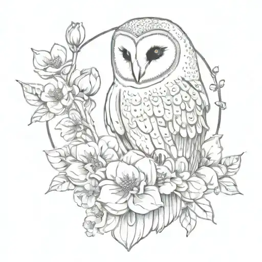 An Intricate Tattoo Of A barn owl Surrounded By Blooming Flowers,  tattoo design idea