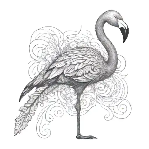 a single flamingo with swirls in the body feathers engraving style - nothing surrounding it  tattoo design idea