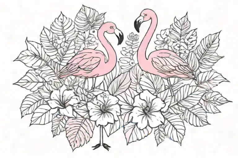 Flamingos with monstra leaves and hibiscus flowers  tattoo design idea