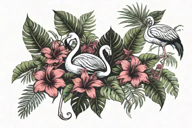 Flamingos with monstra leaves and hibiscus flowers  tattoo design idea