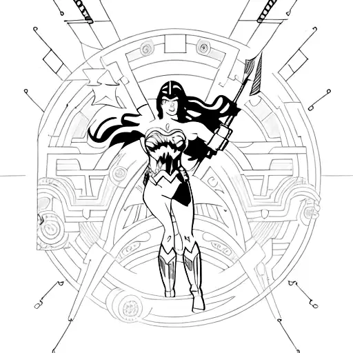 A minimalist tattoo of Wonder Woman in action, surrounded by engineering symbols, combining the client's favorite character and occupation. tattoo design idea