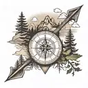 Half sleeve of mountains, forest, and an arrow with a compass tattoo design idea